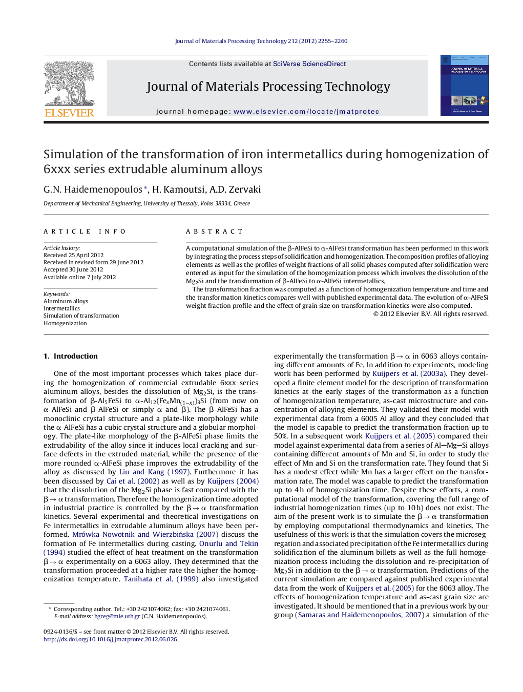 عکس صفحه اول مقاله: Simulation of the transformation of iron intermetallics during homogenization of 6xxx series extrudable aluminum alloys Simulation of the transformation of iron intermetallics during homogenization of 6xxx series extrudable aluminum alloys
