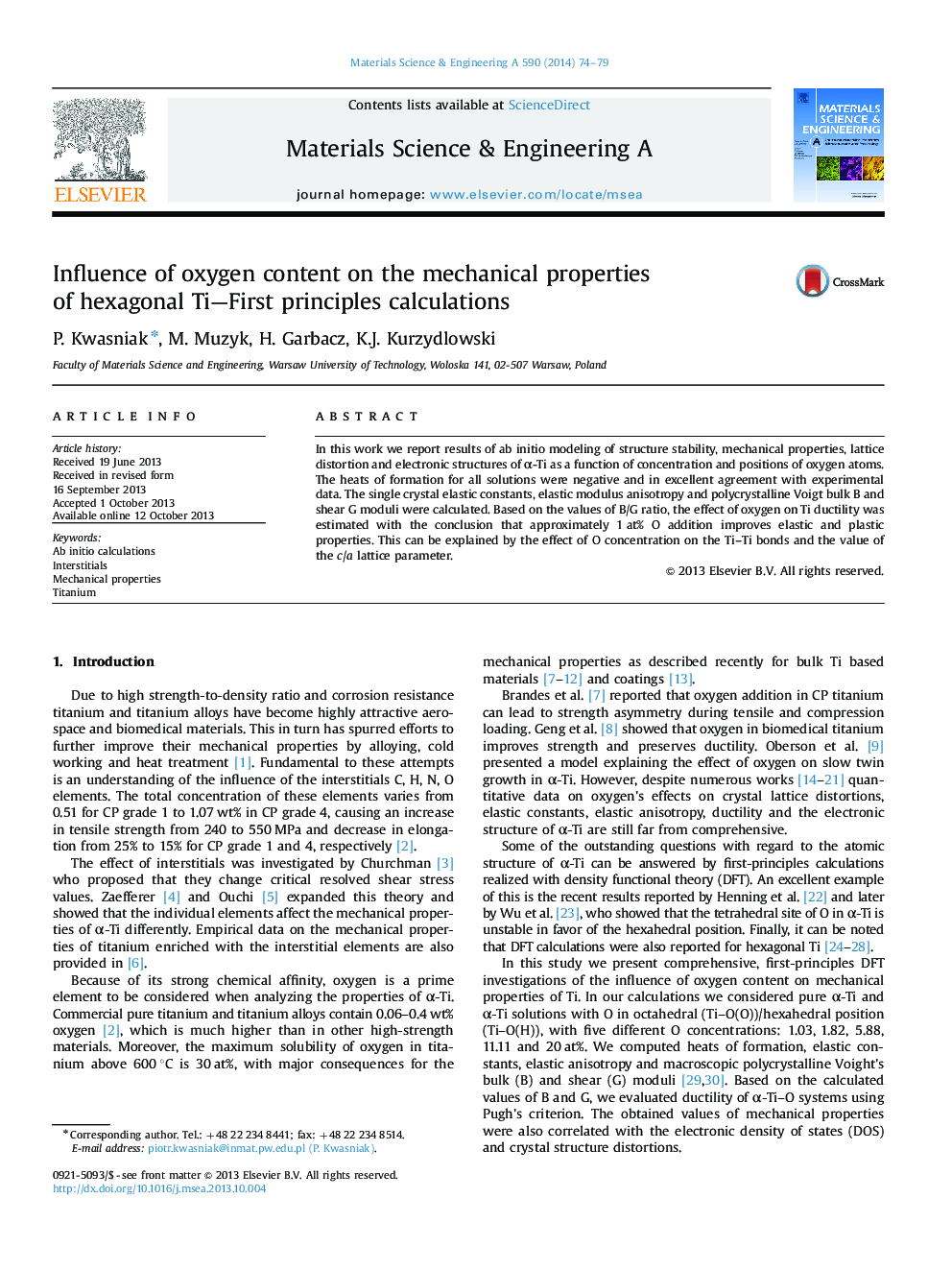 Influence of oxygen content on the mechanical properties of hexagonal Ti-First principles calculations