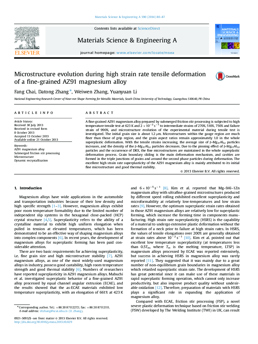 Microstructure evolution during high strain rate tensile deformation of a fine-grained AZ91 magnesium alloy