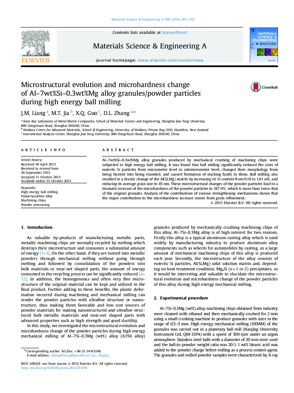 Microstructural evolution and microhardness change of Al-7wt%Si-0.3wt%Mg alloy granules/powder particles during high energy ball milling