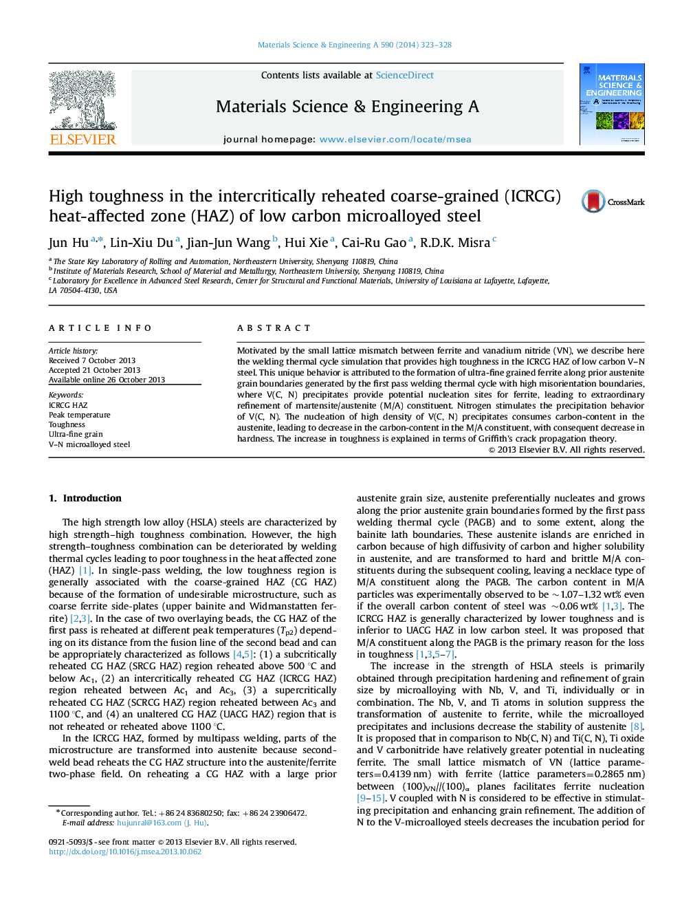 High toughness in the intercritically reheated coarse-grained (ICRCG) heat-affected zone (HAZ) of low carbon microalloyed steel