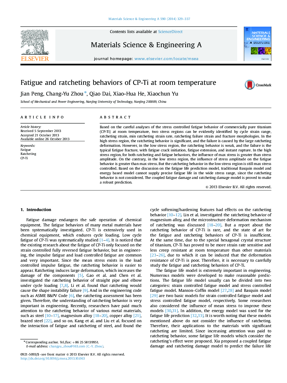 Fatigue and ratcheting behaviors of CP-Ti at room temperature