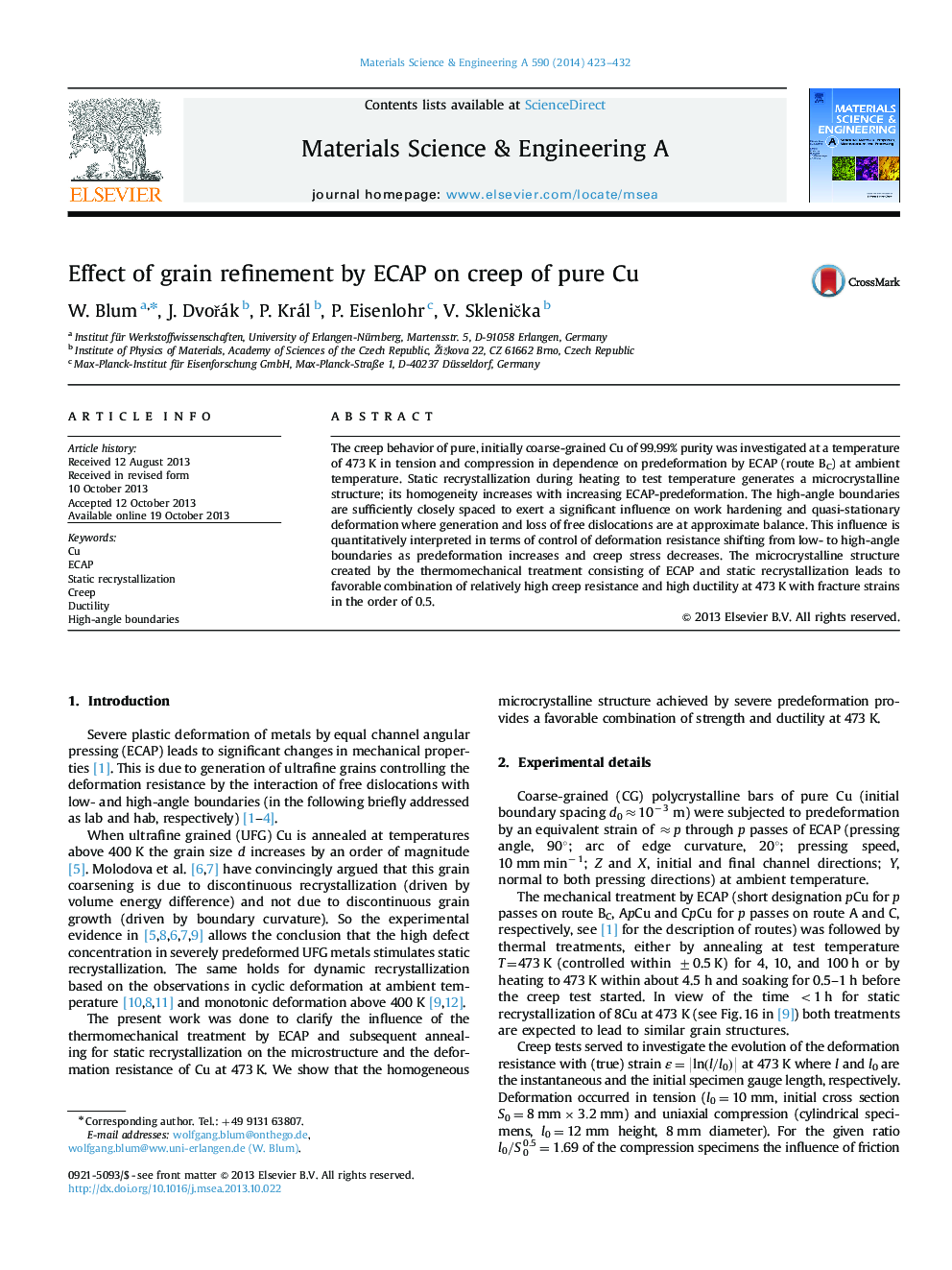 Effect of grain refinement by ECAP on creep of pure Cu