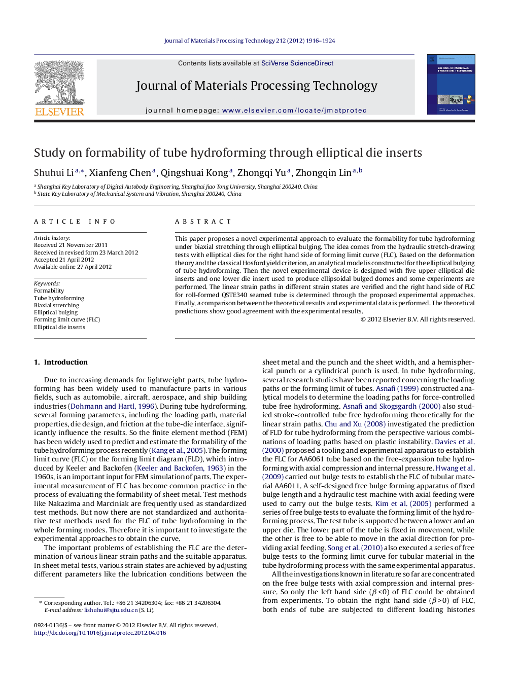 Study on formability of tube hydroforming through elliptical die inserts