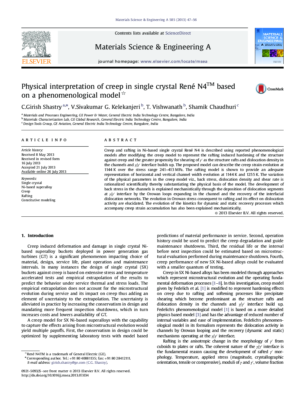 Physical interpretation of creep in single crystal René N4TM based on a phenomenological model