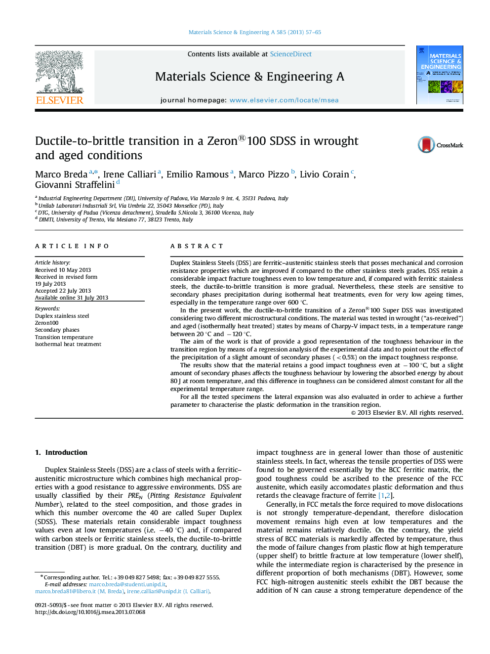 Ductile-to-brittle transition in a Zeron®100 SDSS in wrought and aged conditions