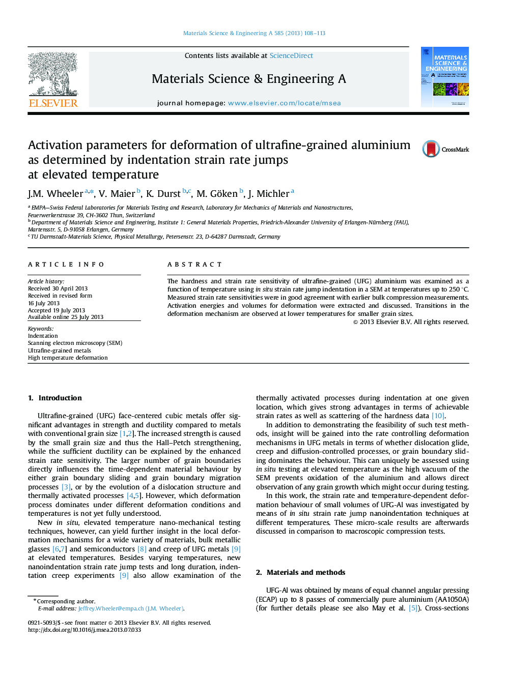 Activation parameters for deformation of ultrafine-grained aluminium as determined by indentation strain rate jumps at elevated temperature