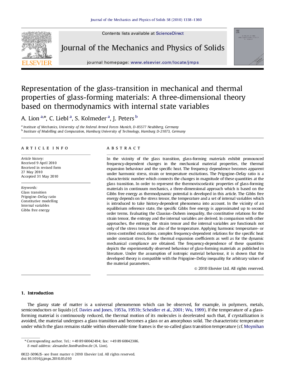 Representation of the glass-transition in mechanical and thermal properties of glass-forming materials: A three-dimensional theory based on thermodynamics with internal state variables