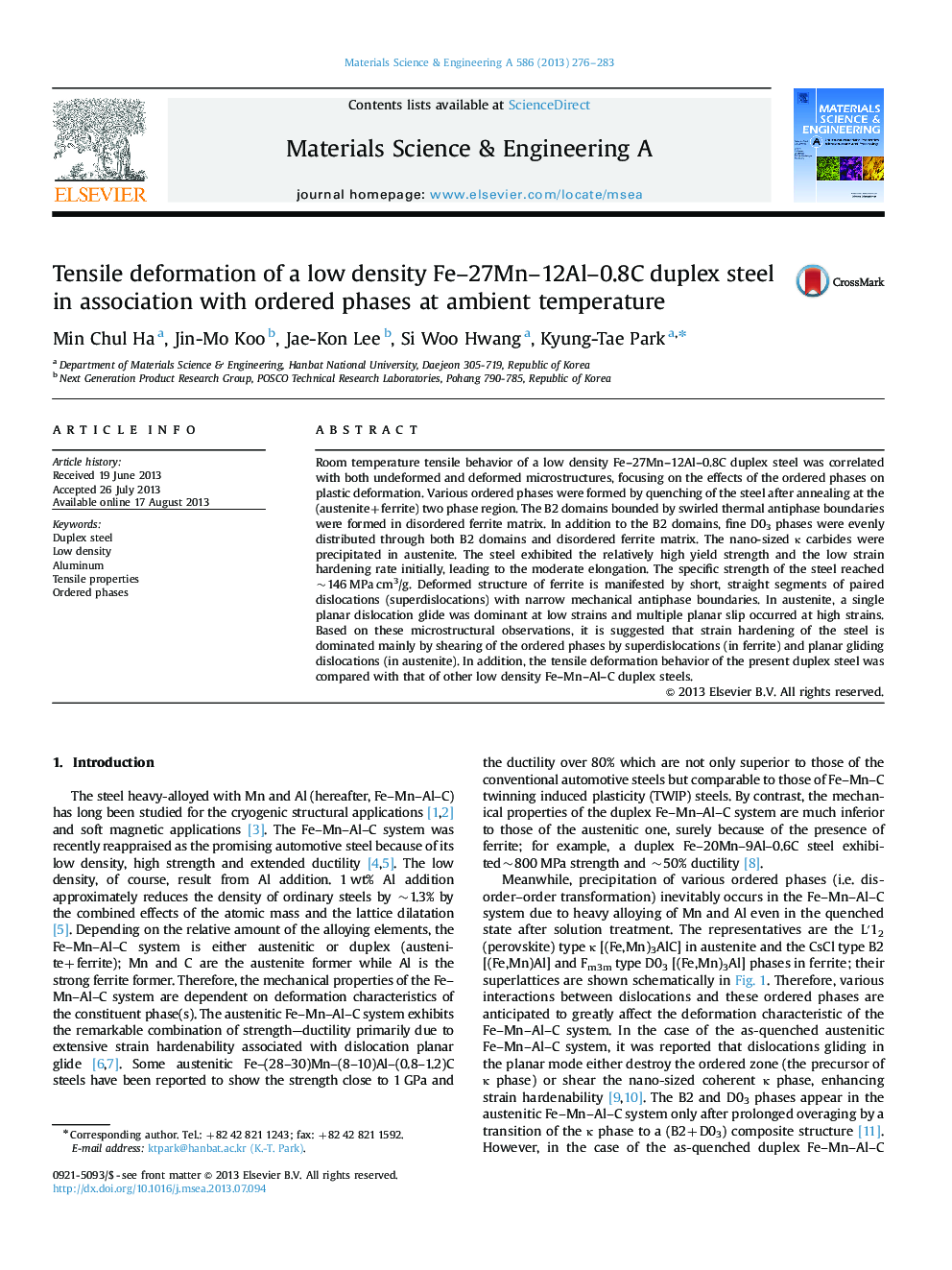 Tensile deformation of a low density Fe-27Mn-12Al-0.8C duplex steel in association with ordered phases at ambient temperature