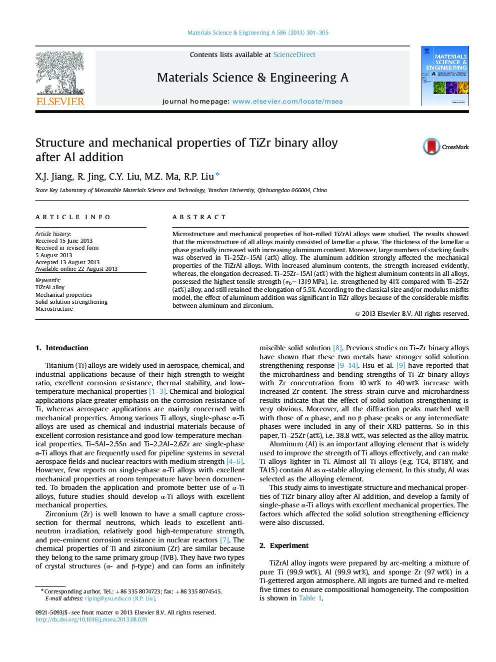 Structure and mechanical properties of TiZr binary alloy after Al addition