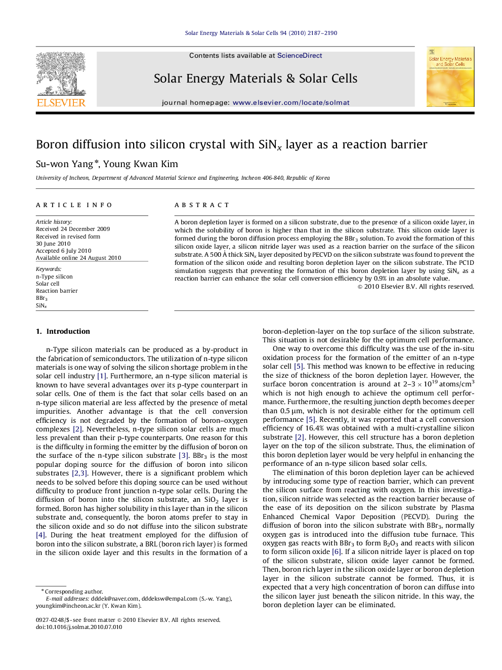 Boron diffusion into silicon crystal with SiNx layer as a reaction barrier