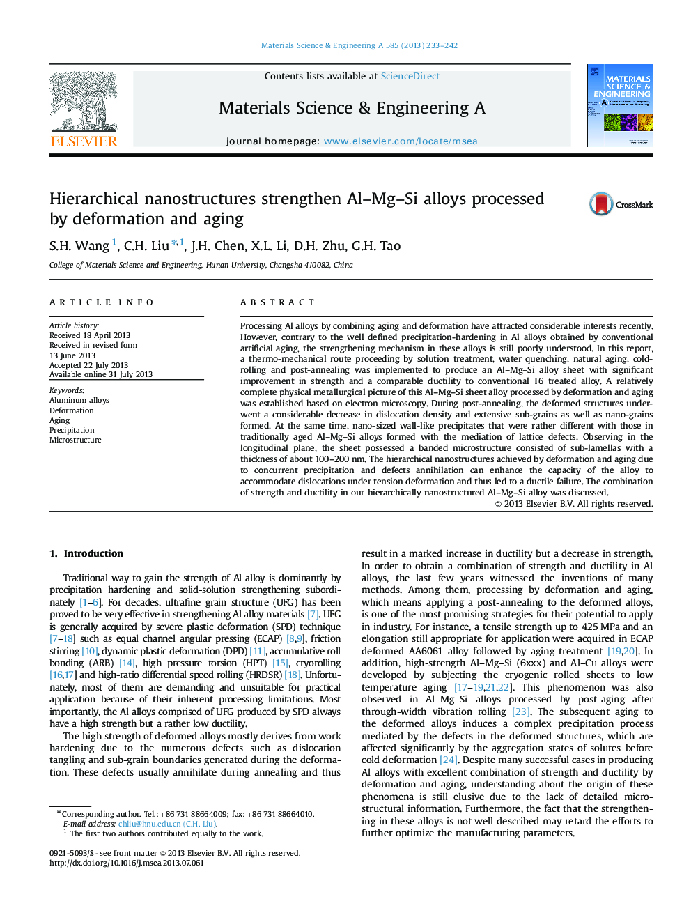 Hierarchical nanostructures strengthen Al-Mg-Si alloys processed by deformation and aging