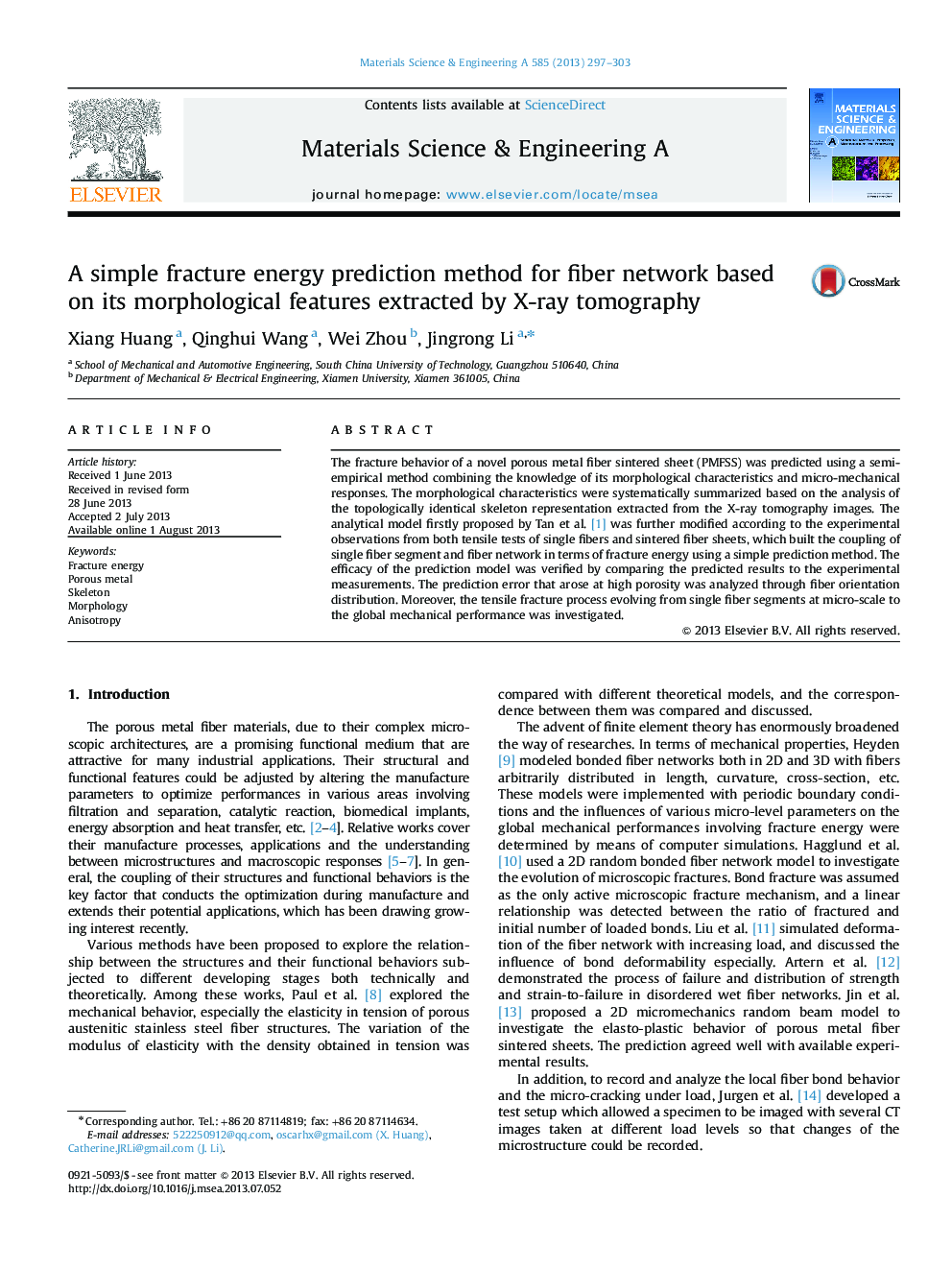 A simple fracture energy prediction method for fiber network based on its morphological features extracted by X-ray tomography