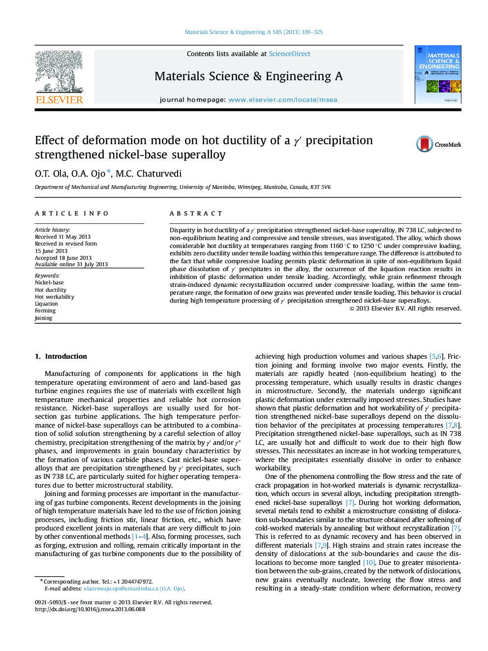 Effect of deformation mode on hot ductility of a Î³â² precipitation strengthened nickel-base superalloy