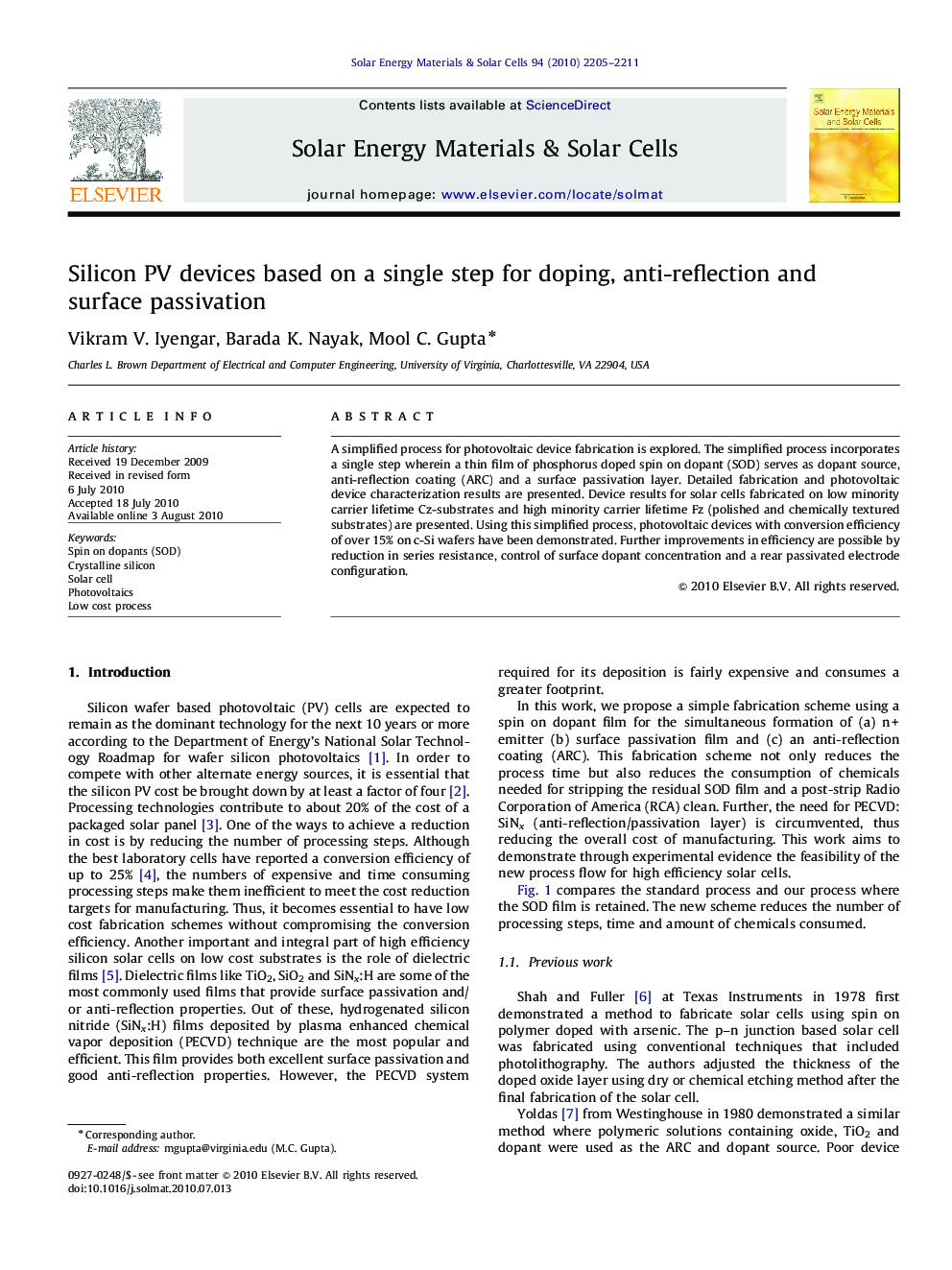 Silicon PV devices based on a single step for doping, anti-reflection and surface passivation