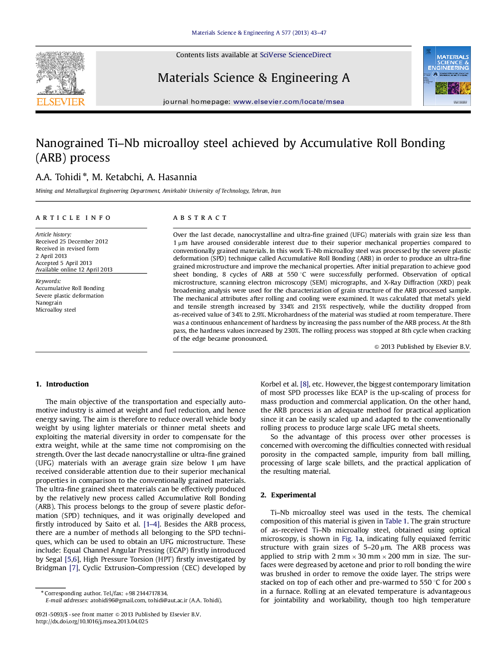 Nanograined Ti-Nb microalloy steel achieved by Accumulative Roll Bonding (ARB) process