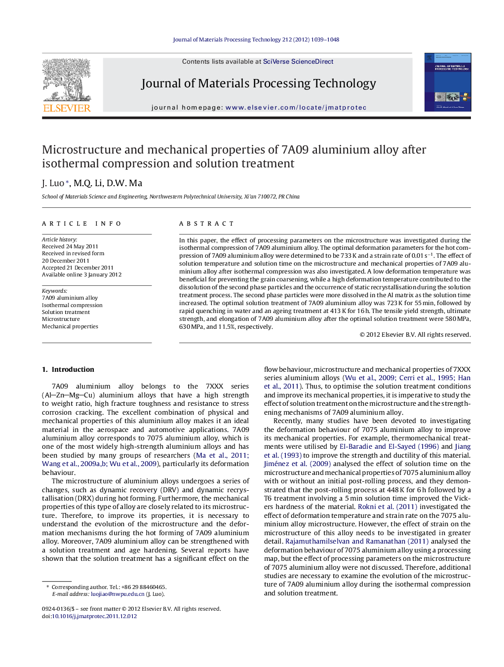 Microstructure and mechanical properties of 7A09 aluminium alloy after isothermal compression and solution treatment