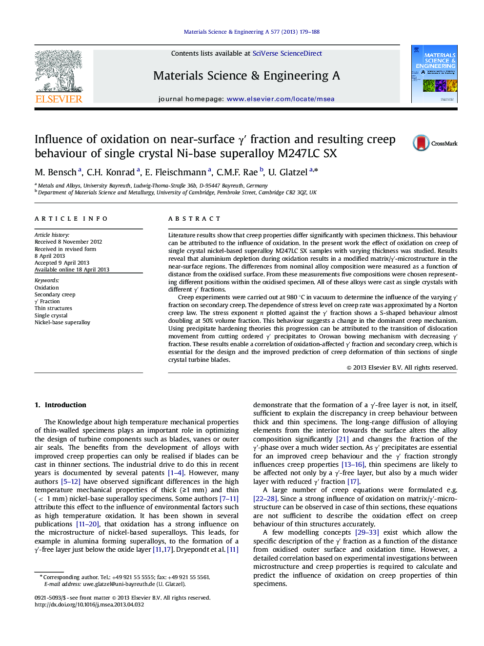 Influence of oxidation on near-surface Î³â² fraction and resulting creep behaviour of single crystal Ni-base superalloy M247LC SX