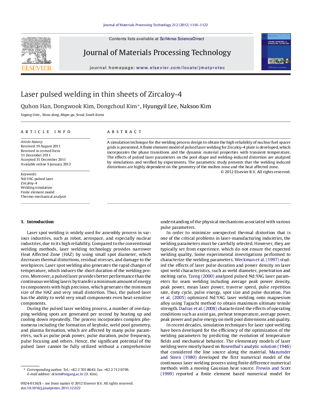 Laser pulsed welding in thin sheets of Zircaloy-4