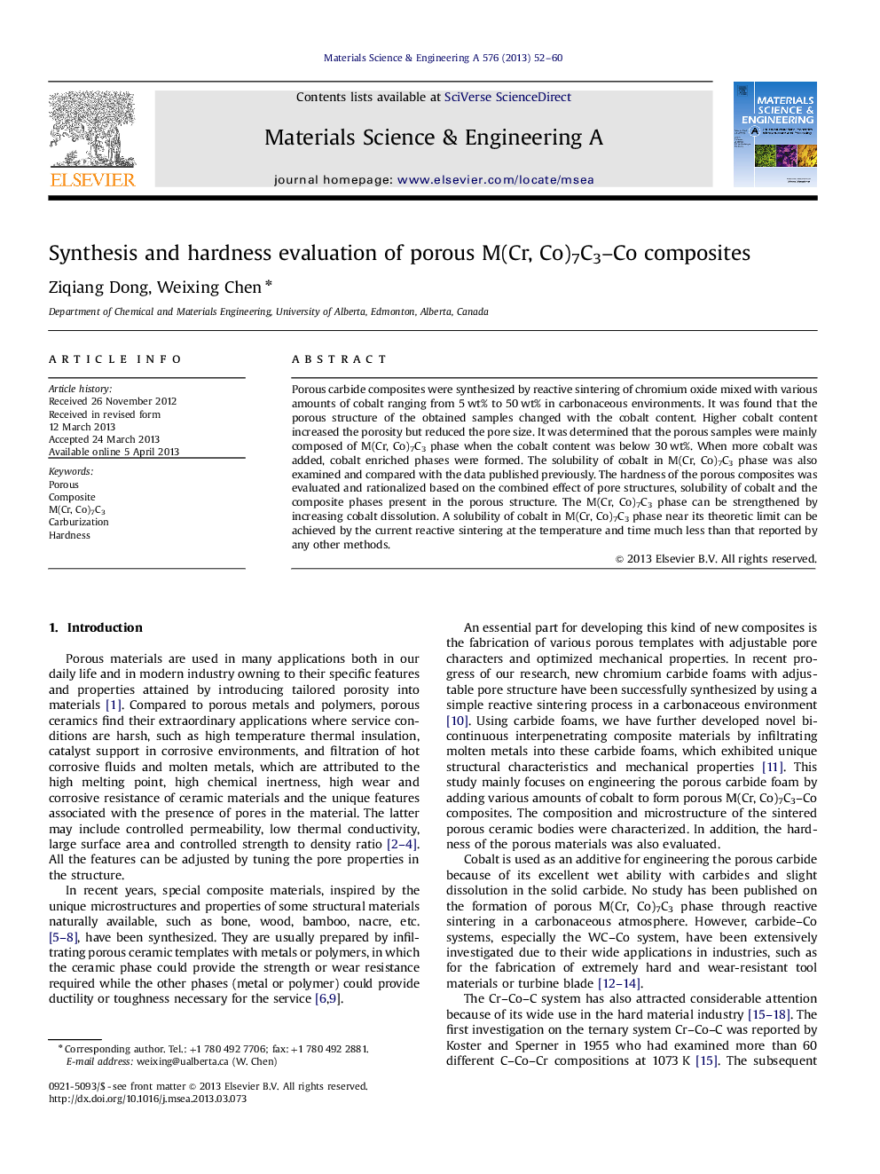 Synthesis and hardness evaluation of porous M(Cr, Co)7C3-Co composites