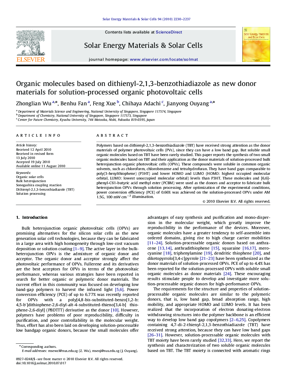 Organic molecules based on dithienyl-2,1,3-benzothiadiazole as new donor materials for solution-processed organic photovoltaic cells