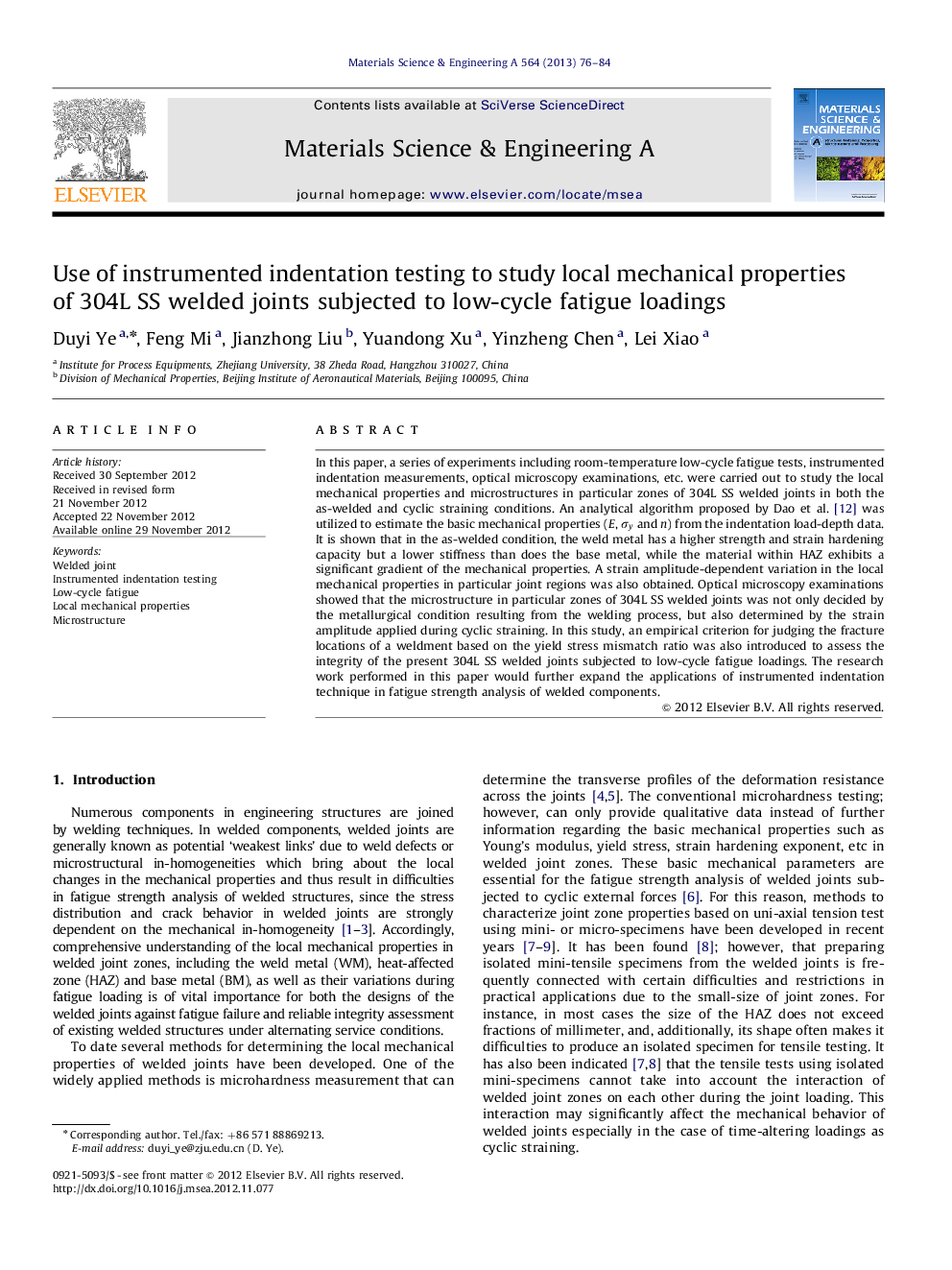 Use of instrumented indentation testing to study local mechanical properties of 304L SS welded joints subjected to low-cycle fatigue loadings