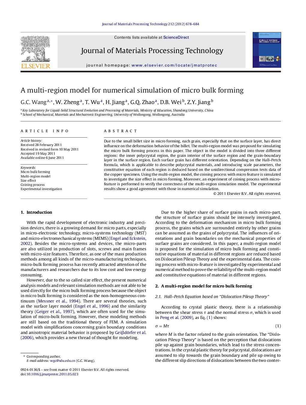 A multi-region model for numerical simulation of micro bulk forming