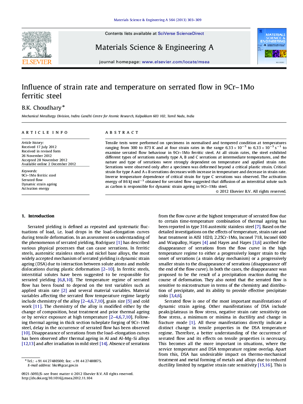 Influence of strain rate and temperature on serrated flow in 9Cr-1Mo ferritic steel