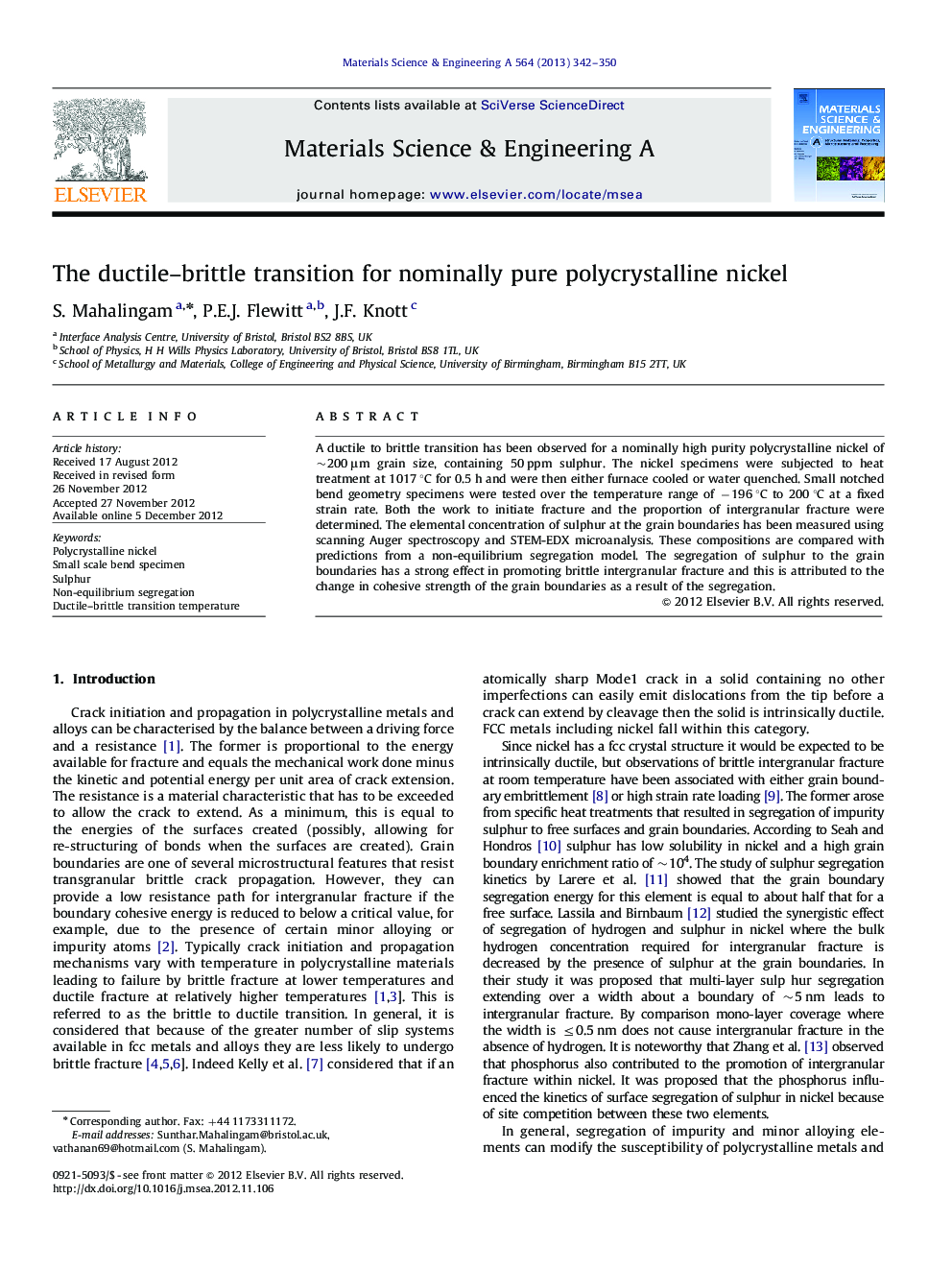 The ductile-brittle transition for nominally pure polycrystalline nickel