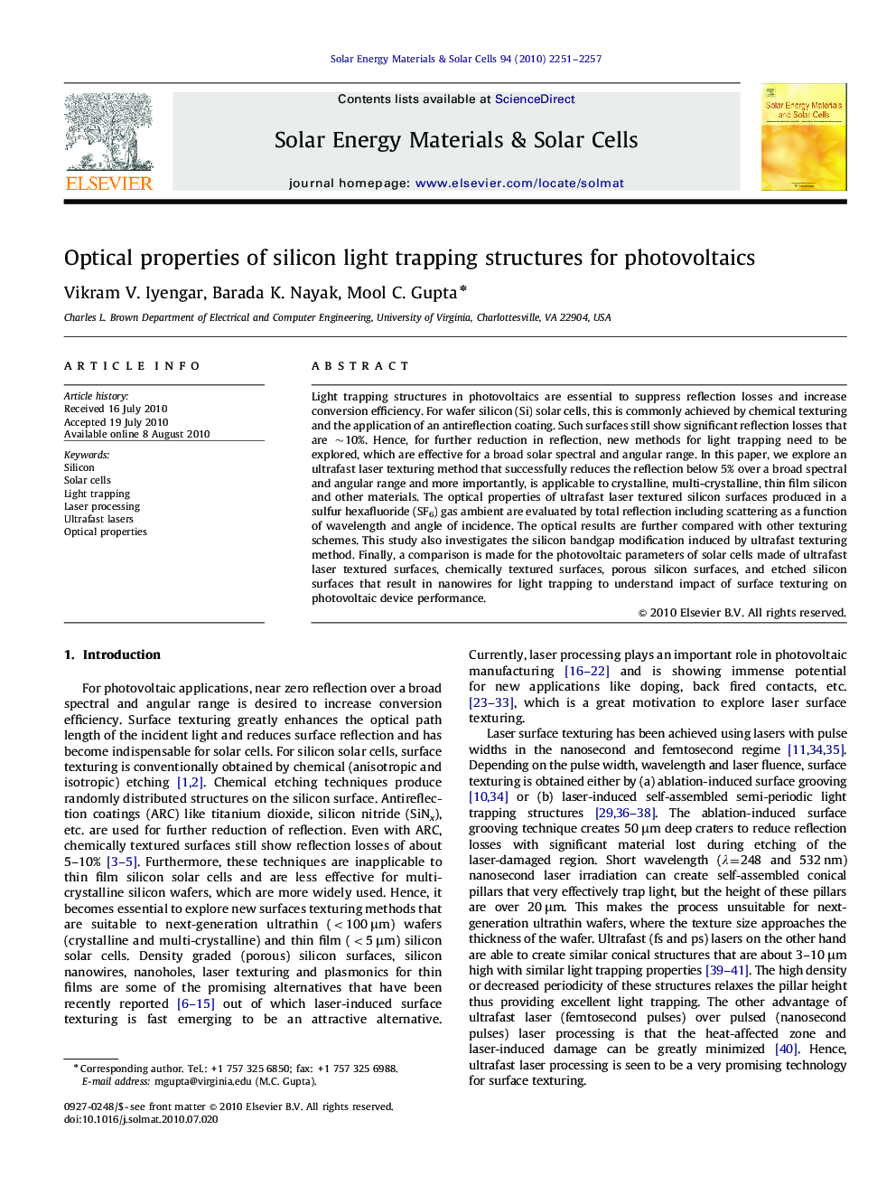 Optical properties of silicon light trapping structures for photovoltaics