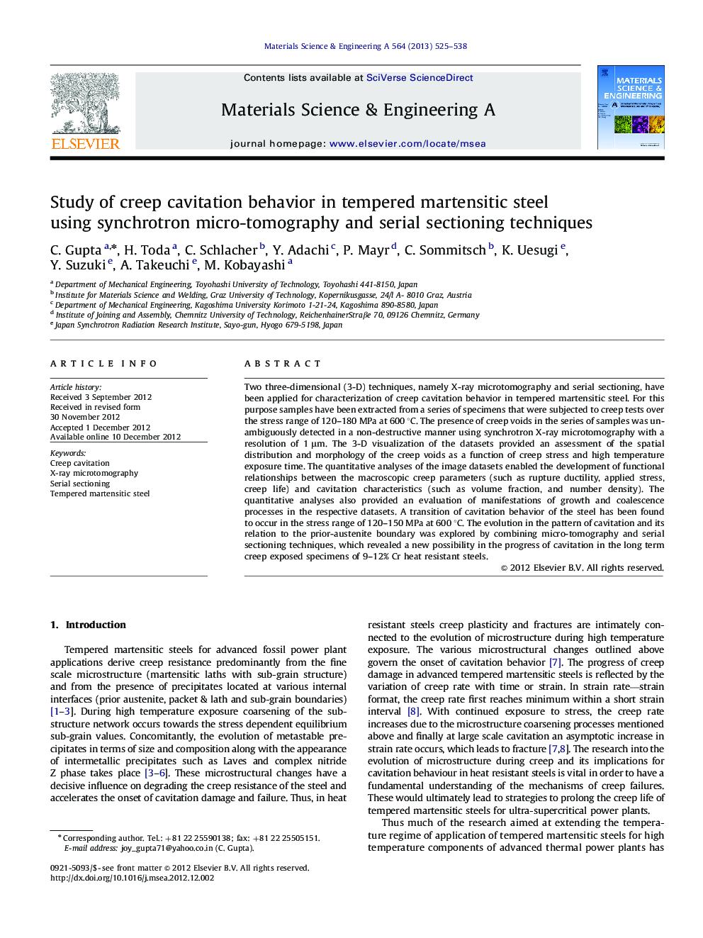 Study of creep cavitation behavior in tempered martensitic steel using synchrotron micro-tomography and serial sectioning techniques