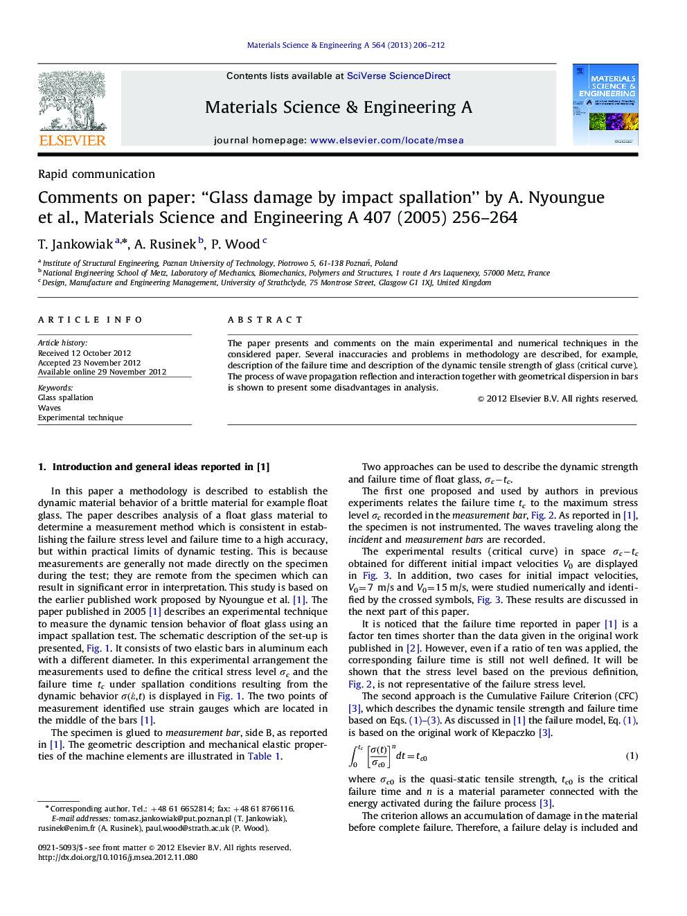 Comments on paper: “Glass damage by impact spallation” by A. Nyoungue et al., Materials Science and Engineering A 407 (2005) 256-264