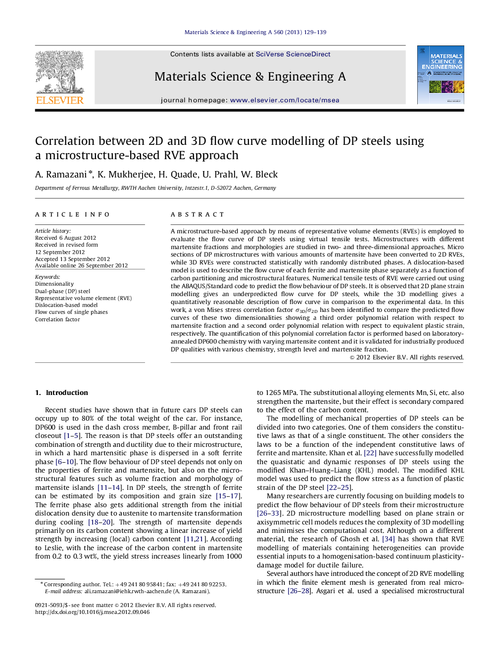 Correlation between 2D and 3D flow curve modelling of DP steels using a microstructure-based RVE approach