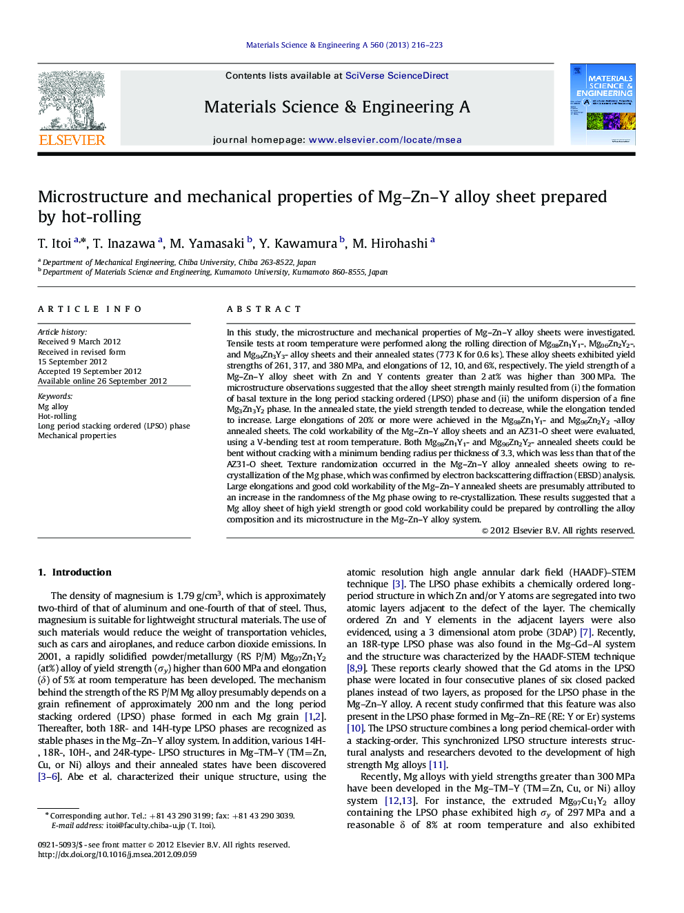 Microstructure and mechanical properties of Mgî¸Znî¸Y alloy sheet prepared by hot-rolling