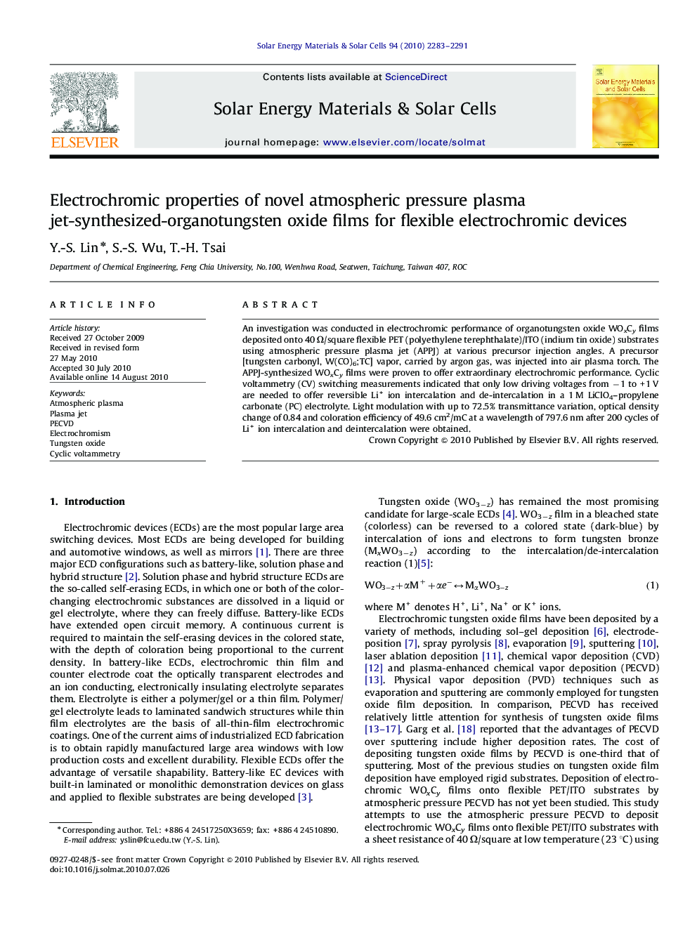 Electrochromic properties of novel atmospheric pressure plasma jet-synthesized-organotungsten oxide films for flexible electrochromic devices