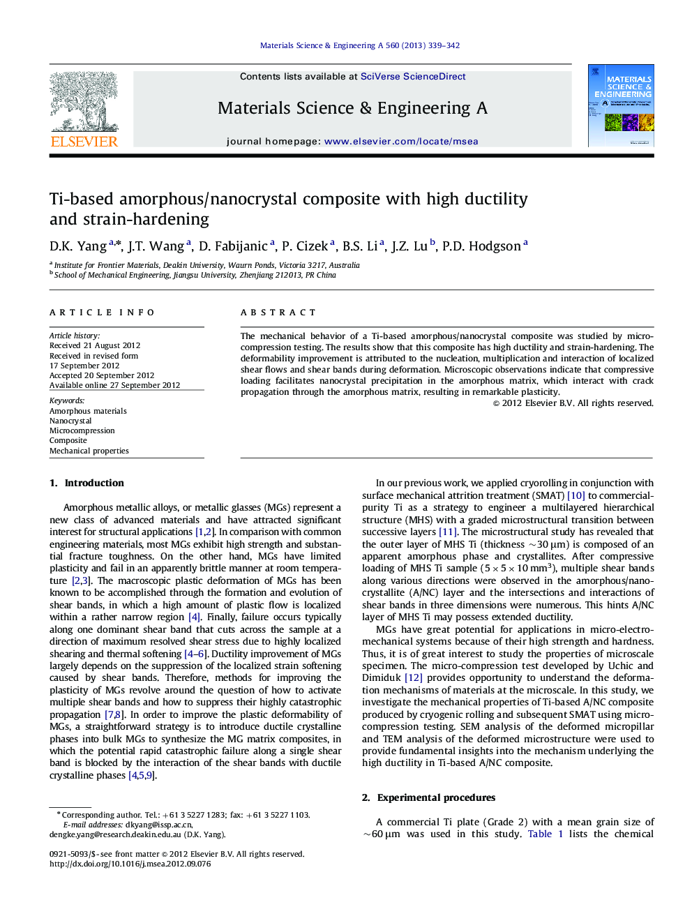 Ti-based amorphous/nanocrystal composite with high ductility and strain-hardening