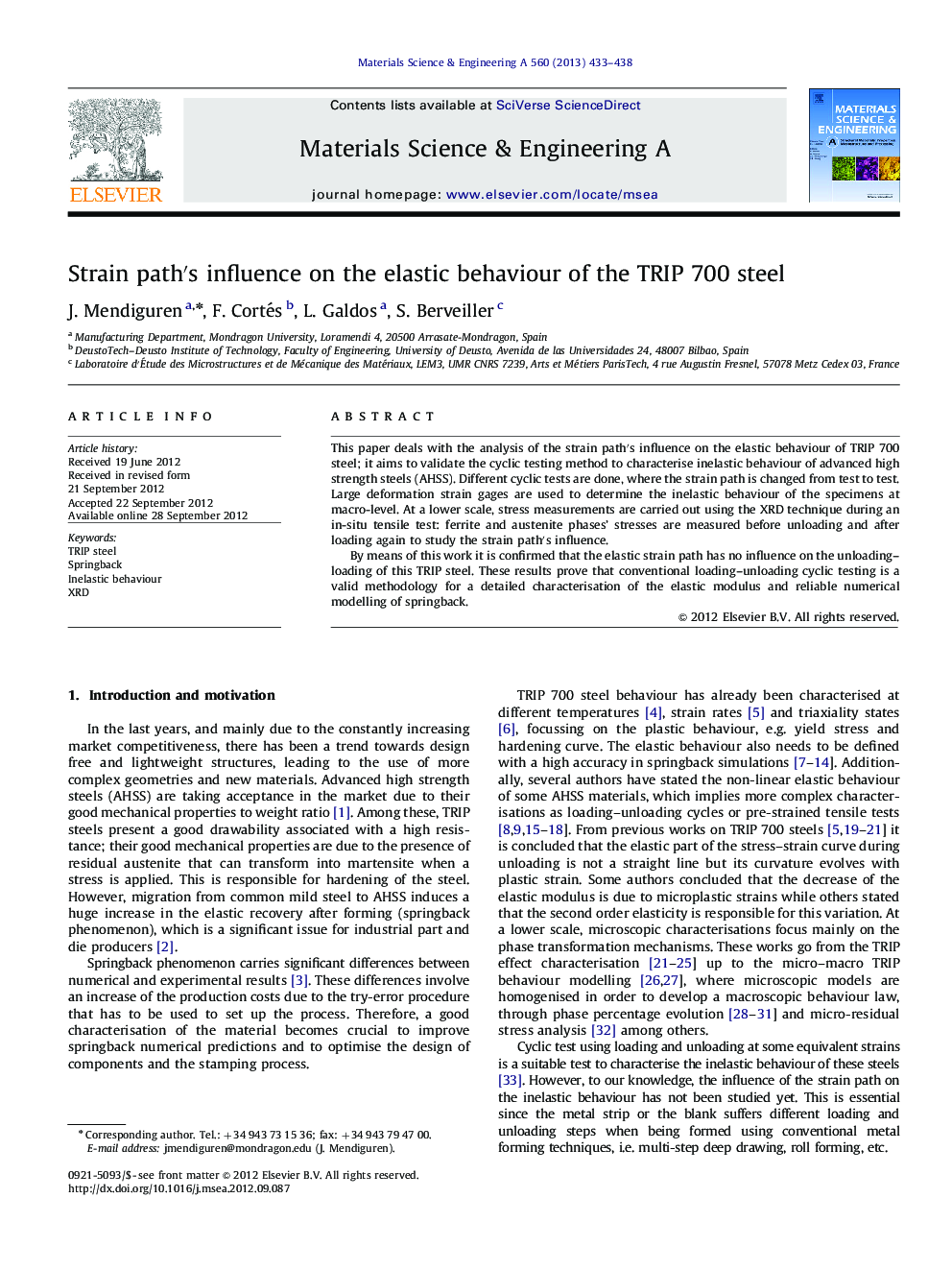 Strain pathâ²s influence on the elastic behaviour of the TRIP 700 steel