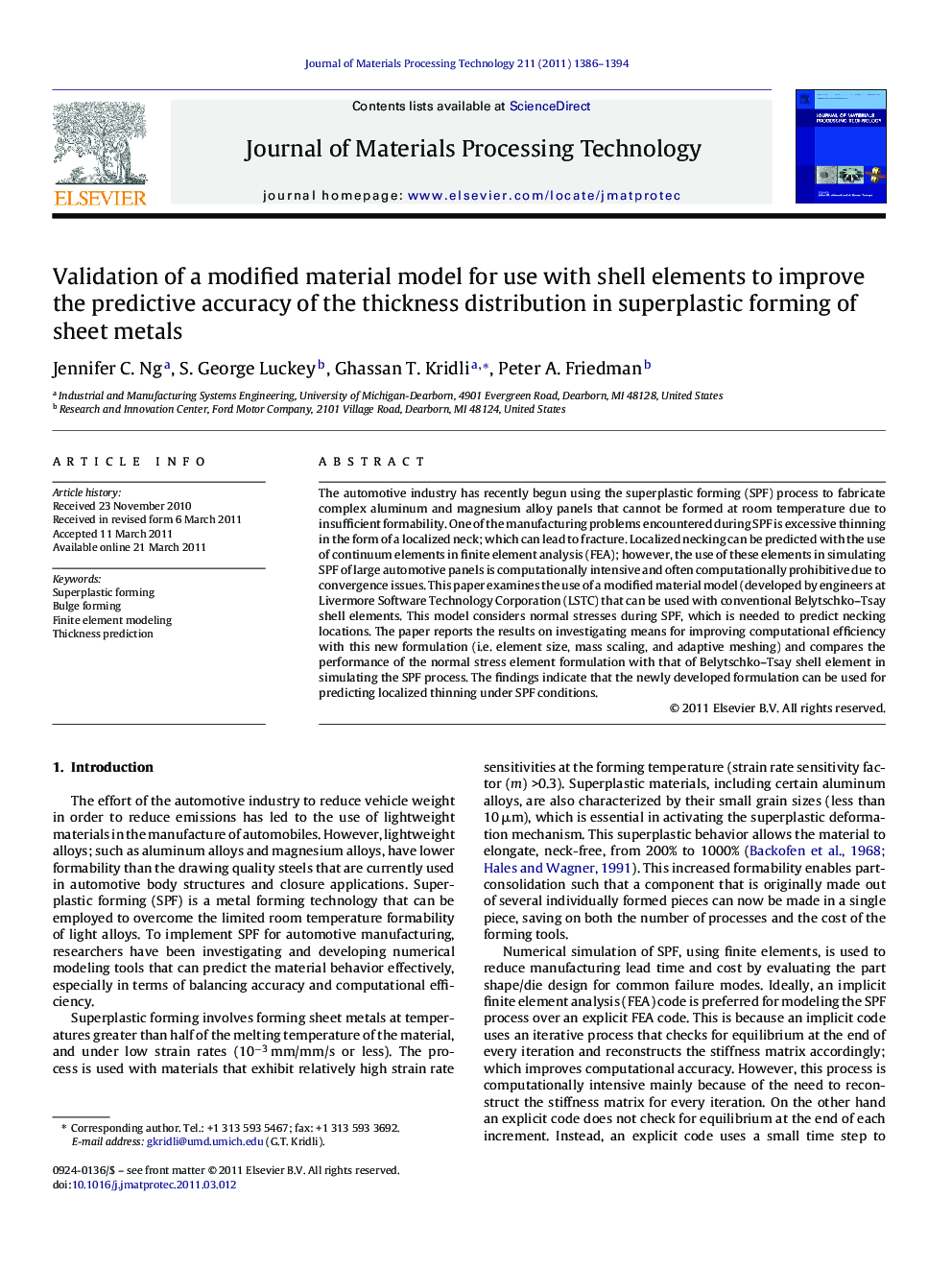 Validation of a modified material model for use with shell elements to improve the predictive accuracy of the thickness distribution in superplastic forming of sheet metals