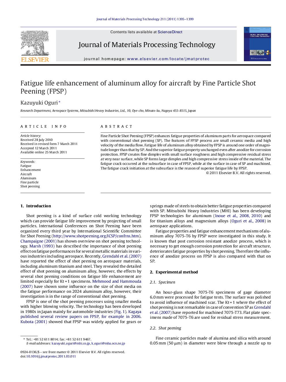 Fatigue life enhancement of aluminum alloy for aircraft by Fine Particle Shot Peening (FPSP)