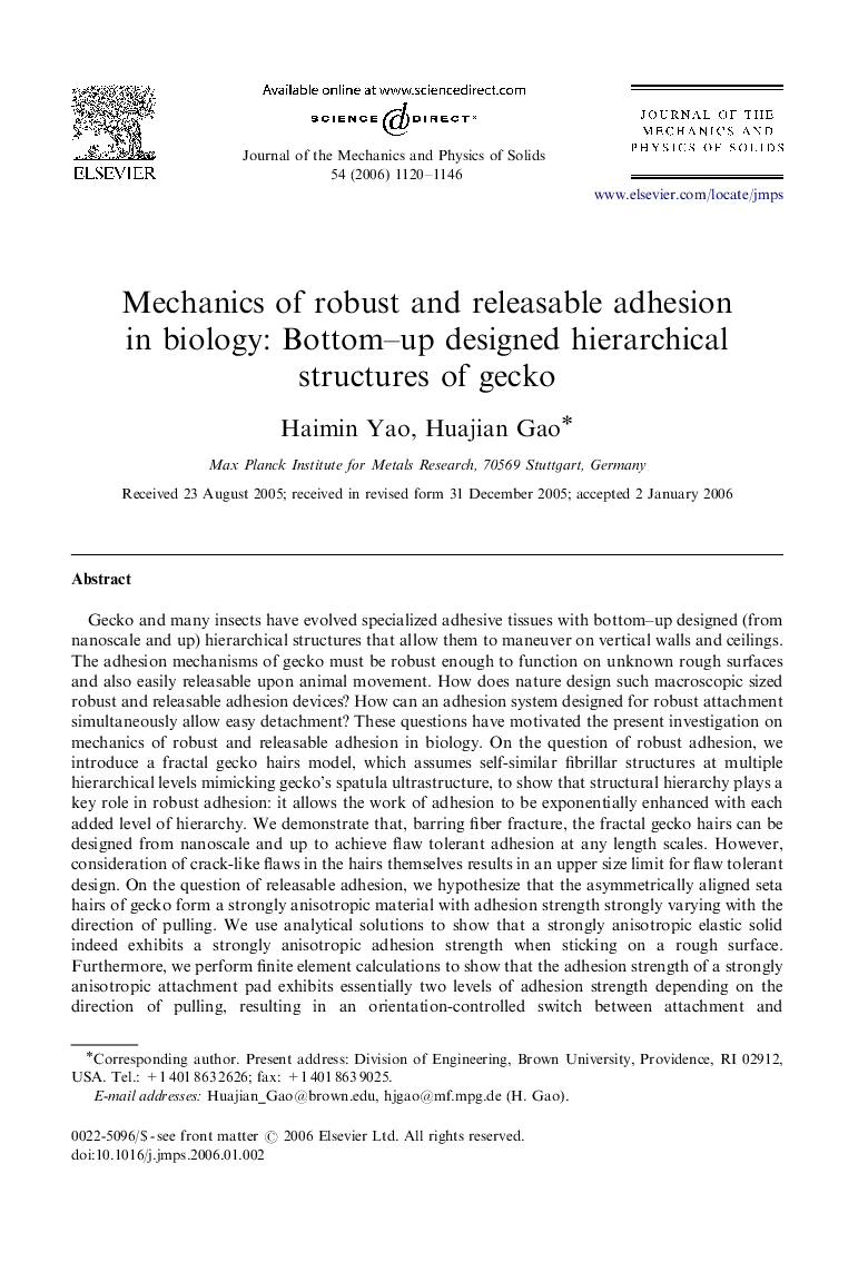 Mechanics of robust and releasable adhesion in biology: Bottom–up designed hierarchical structures of gecko