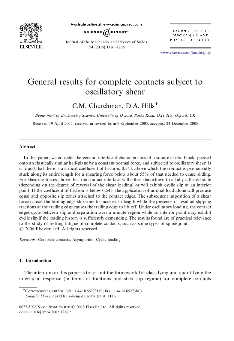 General results for complete contacts subject to oscillatory shear