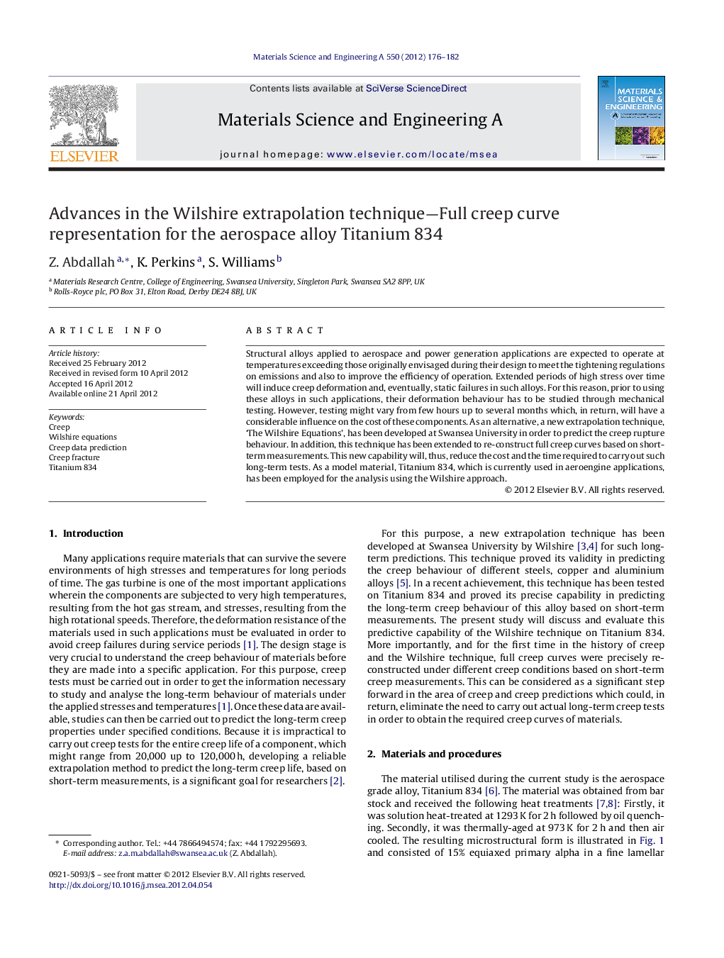 Advances in the Wilshire extrapolation technique-Full creep curve representation for the aerospace alloy Titanium 834