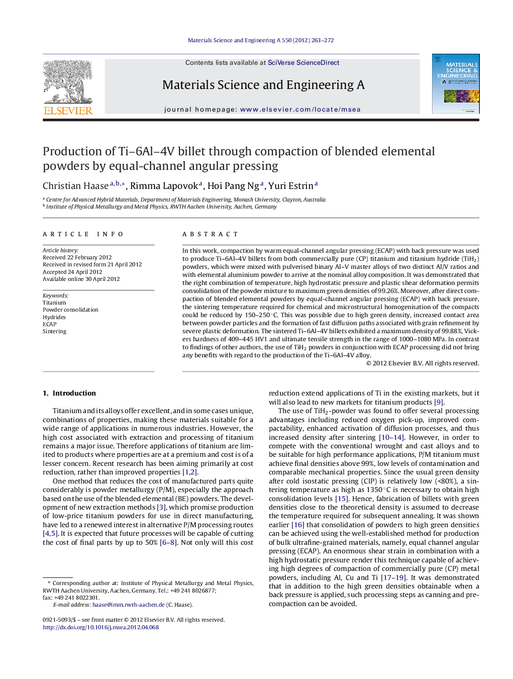 Production of Ti-6Al-4V billet through compaction of blended elemental powders by equal-channel angular pressing