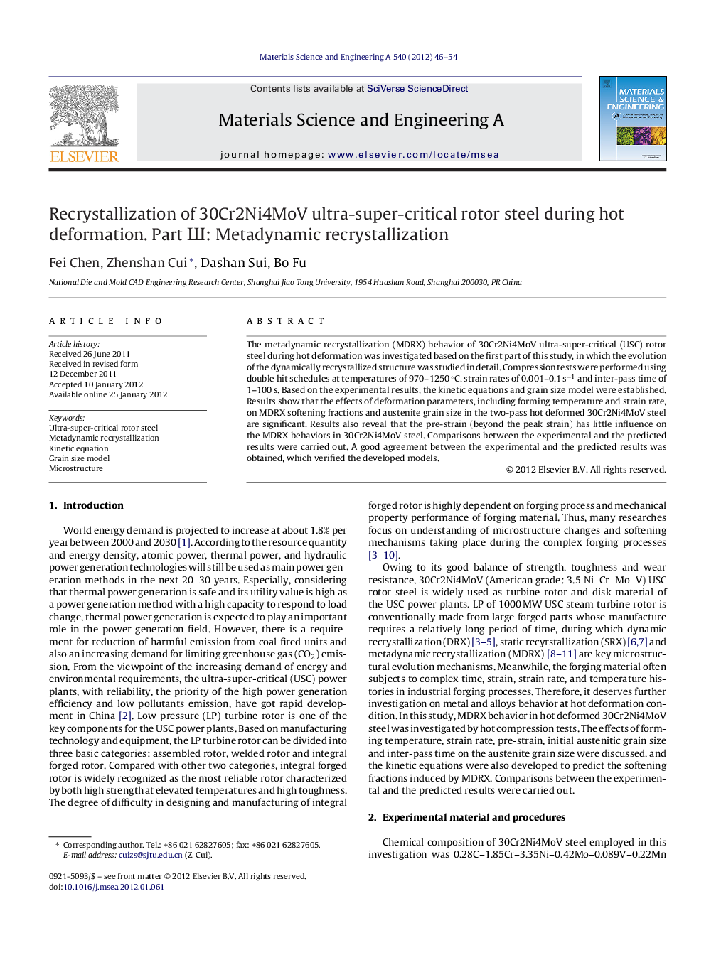 Recrystallization of 30Cr2Ni4MoV ultra-super-critical rotor steel during hot deformation. Part Ð¨: Metadynamic recrystallization