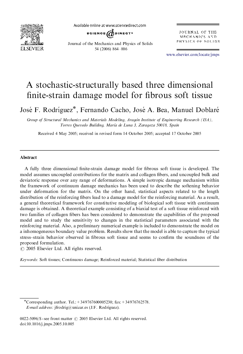 A stochastic-structurally based three dimensional finite-strain damage model for fibrous soft tissue