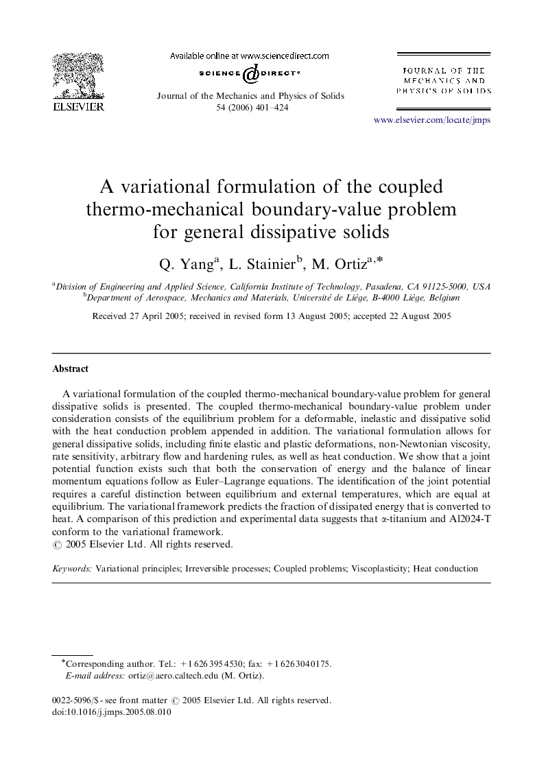 A variational formulation of the coupled thermo-mechanical boundary-value problem for general dissipative solids