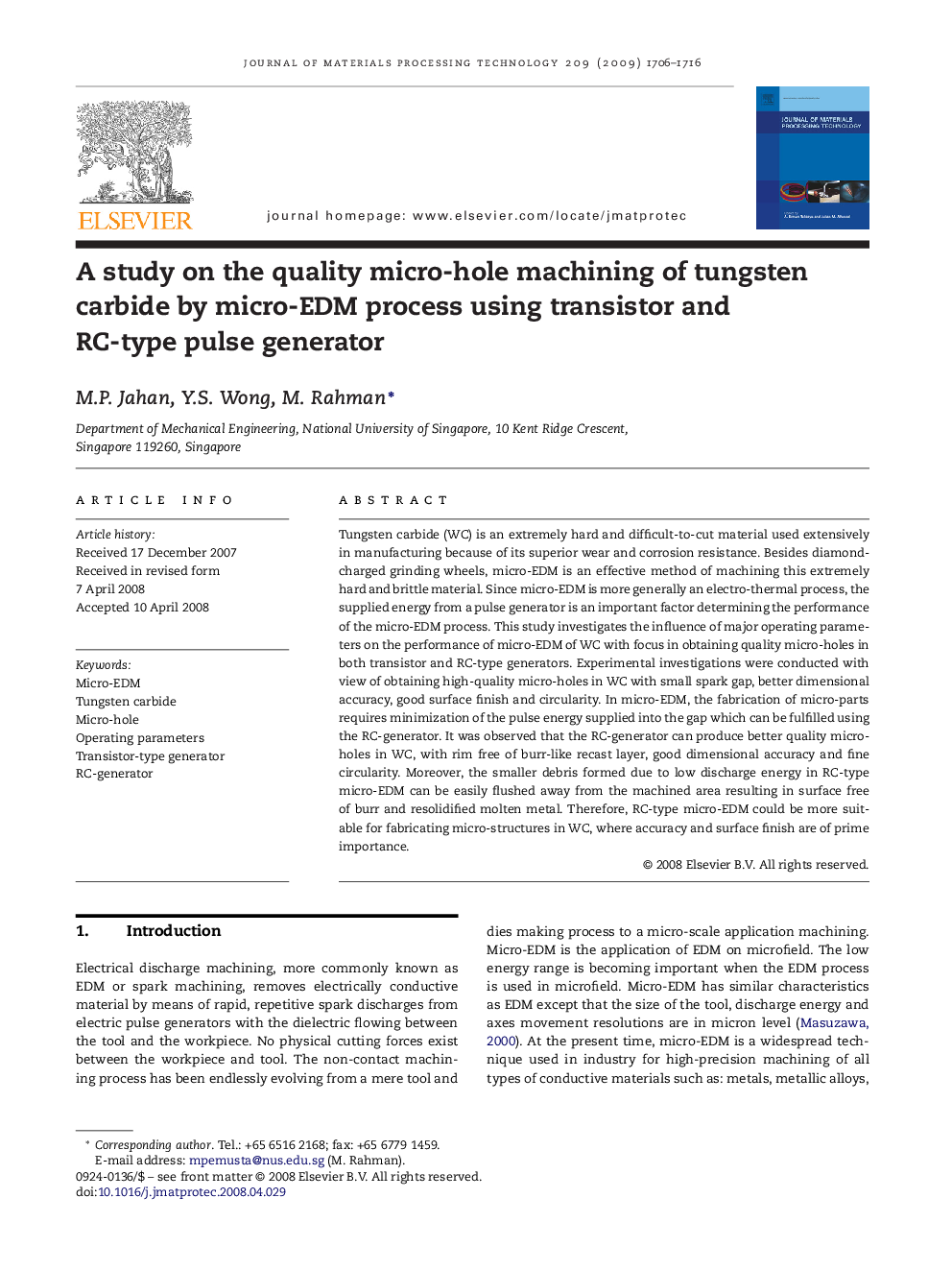 A study on the quality micro-hole machining of tungsten carbide by micro-EDM process using transistor and RC-type pulse generator