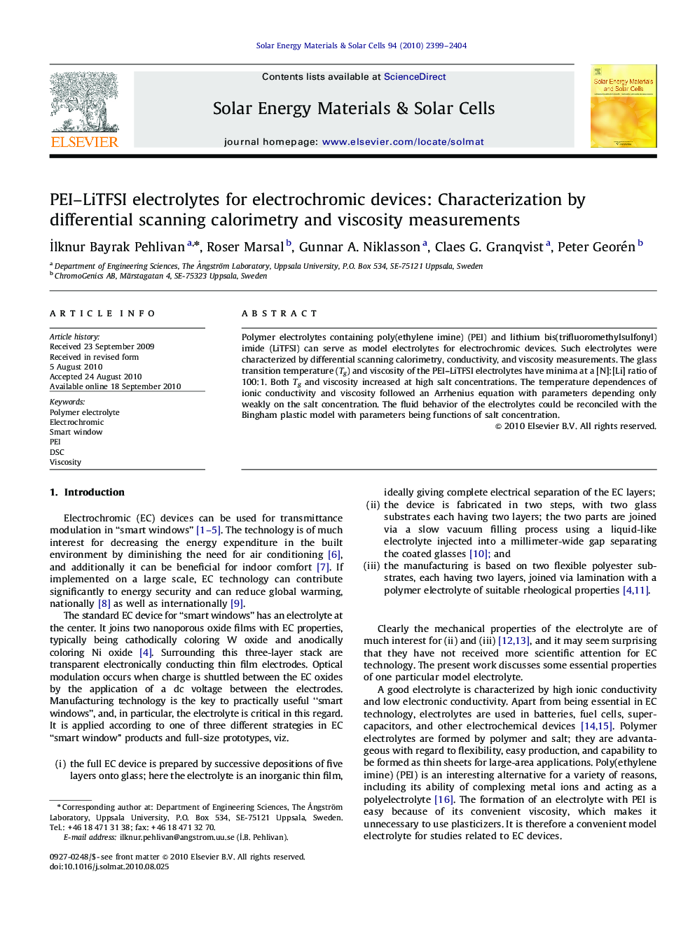 PEI–LiTFSI electrolytes for electrochromic devices: Characterization by differential scanning calorimetry and viscosity measurements