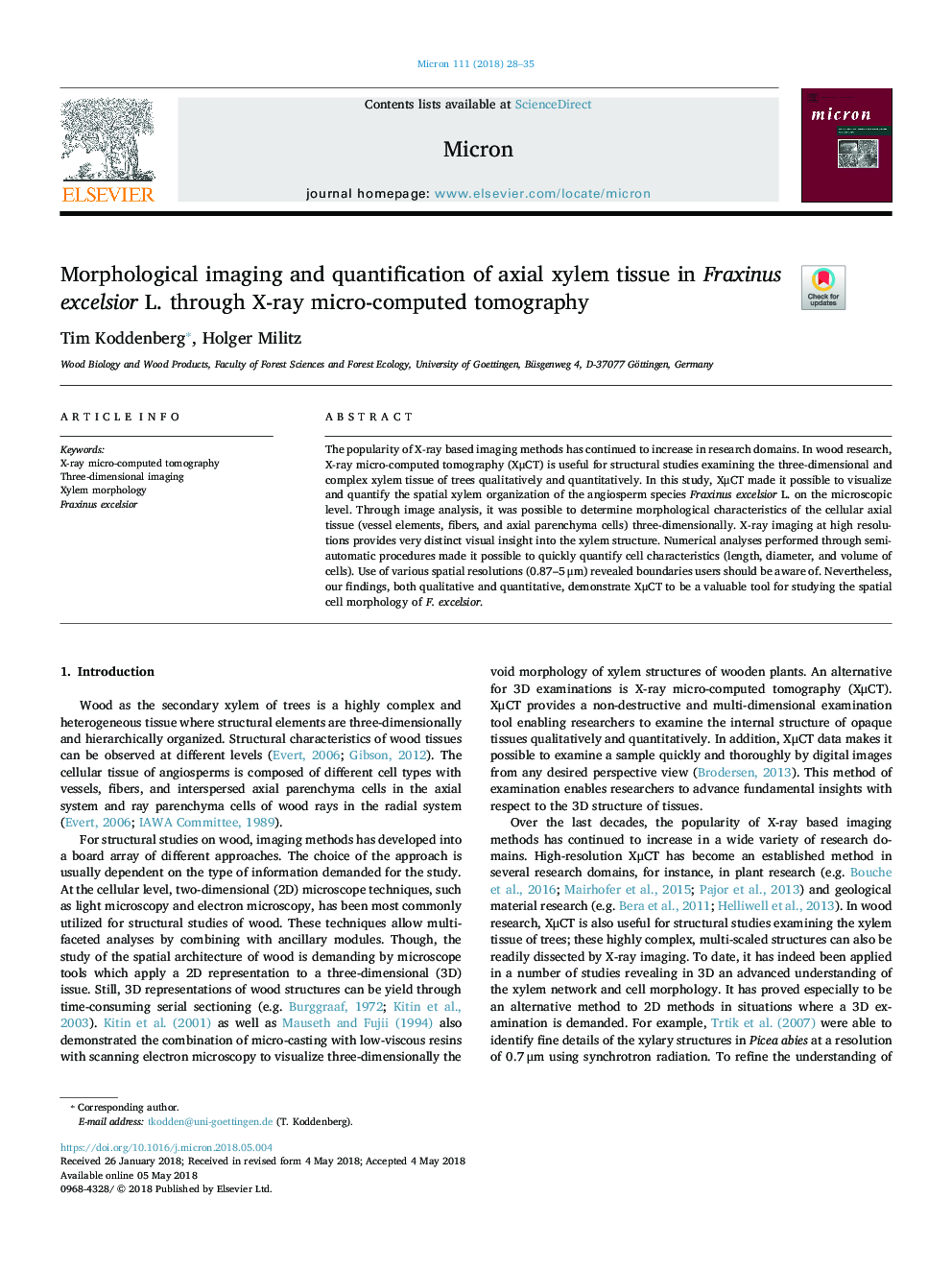 Morphological imaging and quantification of axial xylem tissue in Fraxinus excelsior L. through X-ray micro-computed tomography