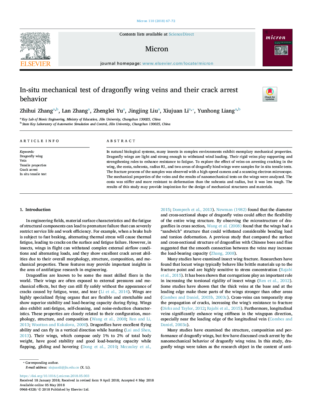 In-situ mechanical test of dragonfly wing veins and their crack arrest behavior